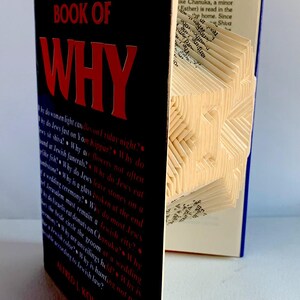 May include: A black book with the title "The Jewish Book of Why" in red letters. The book is open and the pages are folded into a three-dimensional shape.