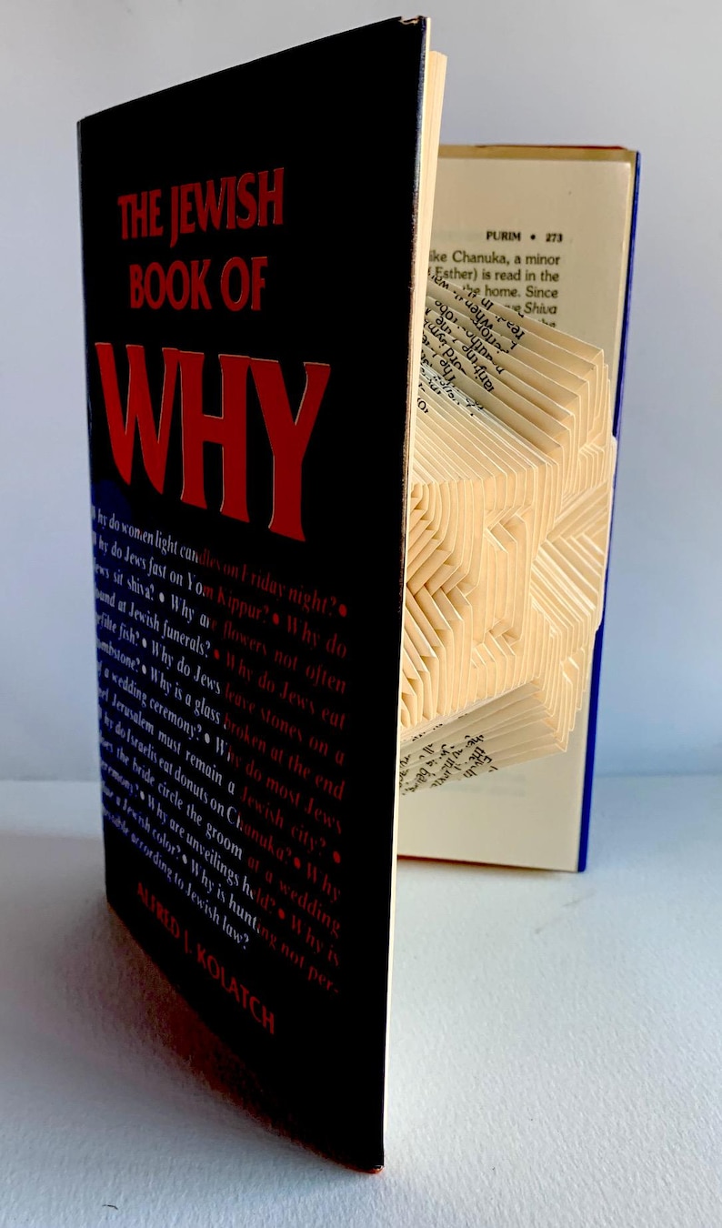 May include: A black book with the title "The Jewish Book of Why" in red letters. The book is open and the pages are folded into a three-dimensional shape.