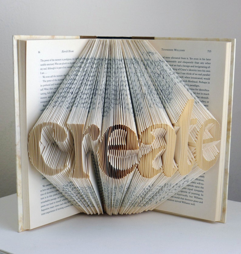 May include: A book sculpture with the word "create" folded into the pages. The pages are fanned out to form the letters, with the text of the book visible. The book is open, and the sculpture is centered.