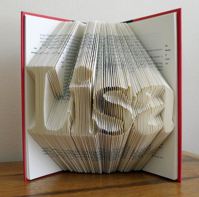 K&ouml;nnte beinhalten: Ein Buch mit dem Namen "Lisa", der in die Seiten gefaltet ist. Das Buch hat einen roten Einband und ist ge&ouml;ffnet, um die gefalteten Seiten zu zeigen.