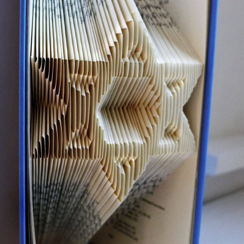 May include: A book with pages folded into a three-dimensional star shape. The book is bound in blue and the pages are cream colored.
