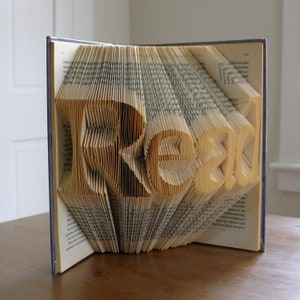 Puede incluir: Una escultura de arte de libro con la palabra "Read" formada doblando las p&aacute;ginas de un libro. El libro est&aacute; abierto y las p&aacute;ginas est&aacute;n dobladas en forma de letras.