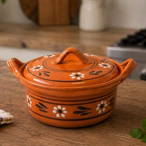 May include: A round terracotta cooking pot with a matching lid, featuring two side handles. The exterior is glazed in a warm orange tone and decorated with hand-painted white daisy flowers and dark brown leaf motifs arranged in horizontal bands.