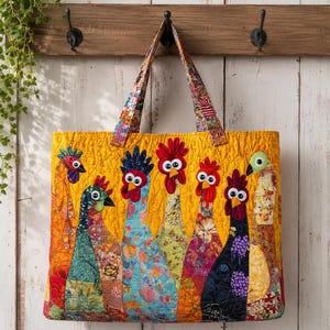 May include: A quilted tote bag featuring a vibrant yellow background with six colorful, patterned chicken appliques. Each chicken has a distinct fabric design, a red comb, and large googly eyes. The bag includes two matching fabric shoulder straps.