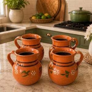 May include: A set of four orange ceramic pitchers with rounded bodies and curved handles. Each pitcher features two dark brown horizontal bands around the neck and a hand-painted pattern of small white flowers and green leaves around the base.