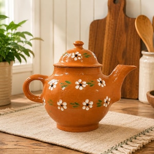May include: A terracotta teapot with a matching lid, featuring a hand-painted pattern of white flowers with dark centers and green leaves arranged in horizontal bands around the body and the lid, with a curved handle and a short spout.