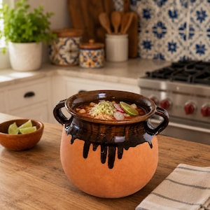 May include: A round terracotta pot with two handles and a dark brown glazed rim featuring a drip pattern. The pot is filled with a red broth soup topped with shredded cheese, sliced radishes, and a lime wedge, accompanied by a small bowl of lime.