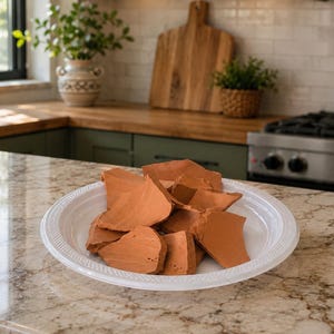 May include: A white plastic plate filled with several irregular, broken pieces of reddish-brown terracotta clay. The shards vary in size and shape, displaying a matte, earthy texture characteristic of fired clay fragments piled together on the plate.