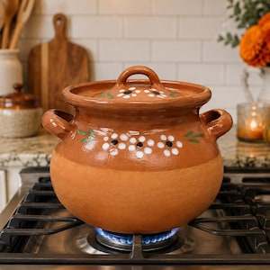 May include: A round terracotta cooking pot with a lid, featuring two side handles and a hand-painted floral design with white petals and green leaves. The upper portion is glazed in a glossy finish, while the lower base remains matte.
