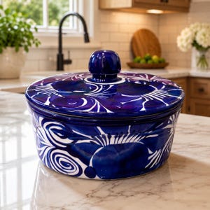 May include: A round ceramic casserole dish with a matching lid, featuring a deep blue glaze with hand-painted white floral and swirling patterns. The vessel has a smooth, glossy finish and a central knob handle on the lid for easy lifting.