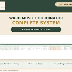 以下が含まれることがあります： Ward Music Coordinator Complete Systemのデジタルワークブック。年間計画、12個のタブ付きスターターキット、賛美歌のローテーションと履歴、ダッシュボードチェック、特別プログラムのタイミングが記載されており、テキストとスプレッドシートのレイアウトで構成されています。