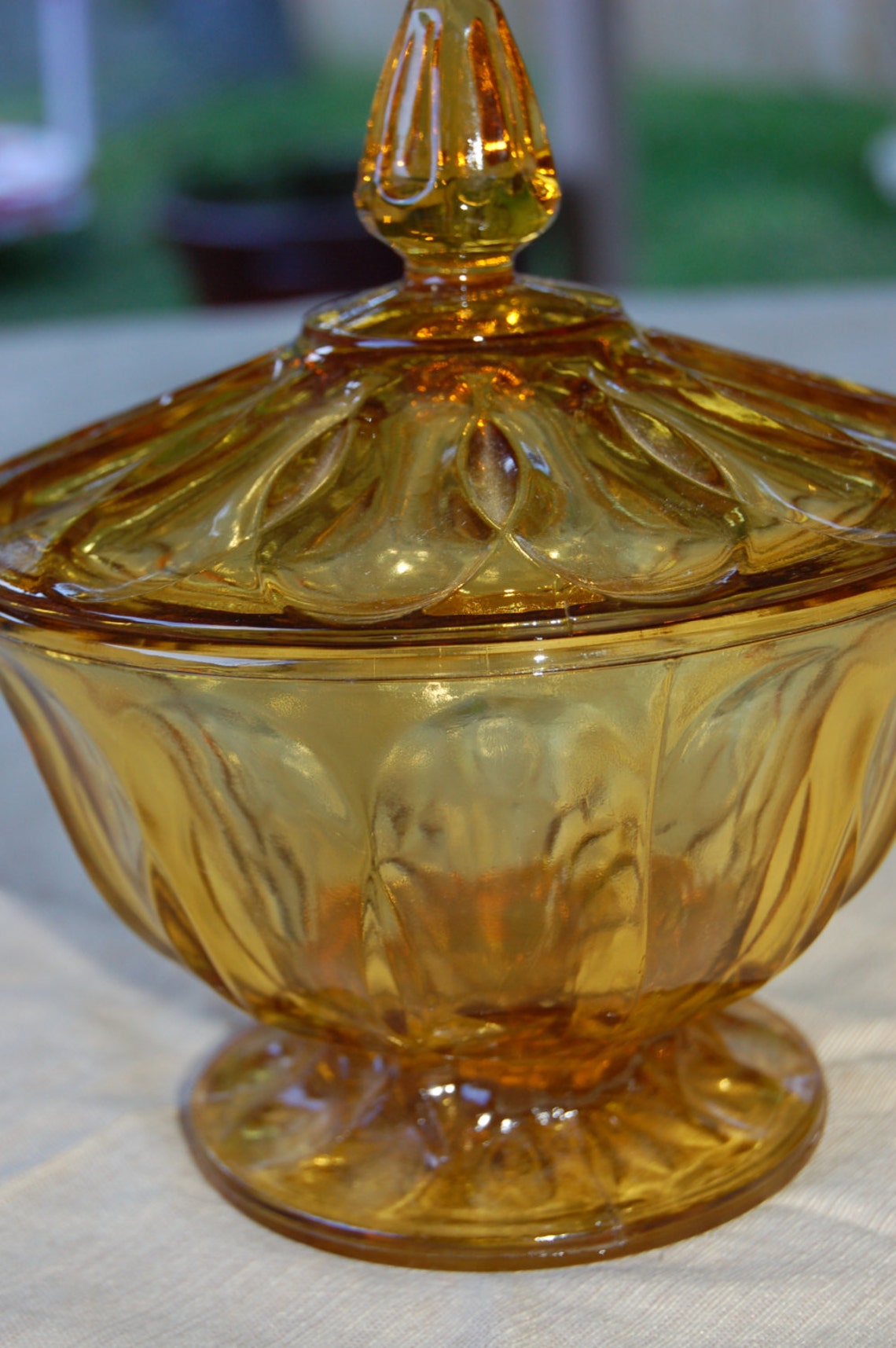 Vintage compote amber glass candy dish with lid. Etsy