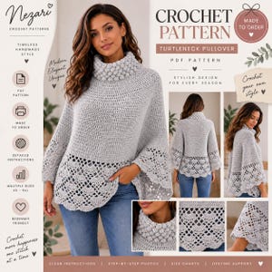 May include: A light gray crochet turtleneck pullover pattern featuring a textured bobble stitch collar and a decorative scalloped lace hem. The design includes long sleeves and a loose fit, presented as a PDF pattern with detailed instructions.