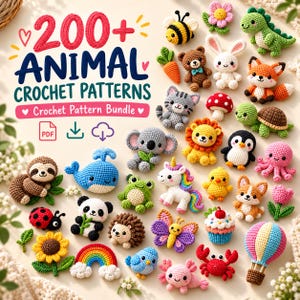 May include: A digital collection of 200+ animal crochet patterns featuring a variety of small, colourful crocheted figures including a bee, dinosaur, bear, rabbit, fox, cat, mushroom, turtle, koala, lion, penguin, octopus, sloth, whale, frog, unicorn, chick, dog, ladybug, panda, hedgehog, butterfly, cupcake, sunflower, rainbow, bird, axolotl, crab, and hot air balloon.