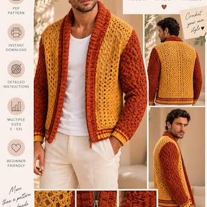 Patrón de ganchillo para chaqueta bomber retro de hombre: cárdigan con cuello chal y cremallera (descarga en PDF)