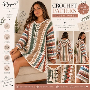 Op de afbeelding: Een gehaakte hoodie-jurk met een veelkleurig granny square-patroon in tinten bruin, groen, blauw en wit. Het kledingstuk heeft een capuchon met trekkoord, lange mouwen en een voorzak. Tekst bevat Nezari Crochet Patterns.