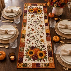 May include: A rectangular quilted table runner featuring a central cream panel with a printed design of orange pumpkins, yellow sunflowers, autumn leaves, and butterflies, bordered by a patchwork of small squares in fall colors and patterns.
