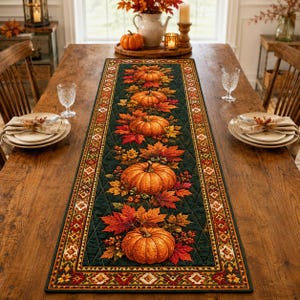 May include: A rectangular quilted table runner featuring a dark green background with a central vertical pattern of orange pumpkins and multicoloured autumn leaves. The border displays a geometric pattern in shades of red, orange, and yellow.