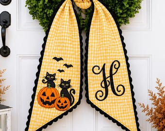 Personalized Halloween Wreath Sash, Black Cat Pumpkin Gingham Bow, Custom Initial Fall Door Decor