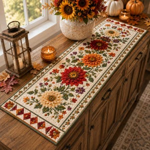 May include: A rectangular quilted table runner featuring a central floral pattern of large, textured dahlias in shades of red, orange, yellow, and cream, surrounded by green leaves and small purple flowers, with a geometric diamond border.
