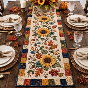 Könnte beinhalten: Ein rechteckiger, gesteppter Tischläufer mit einem cremefarbenen Mittelteil, der mit Sonnenblumen, Herbstblättern und Eicheln verziert ist. Der Rand besteht aus einem Patchwork aus kleinen Quadraten mit marineblauen, orangen, gelben und grünen Blumenmustern.