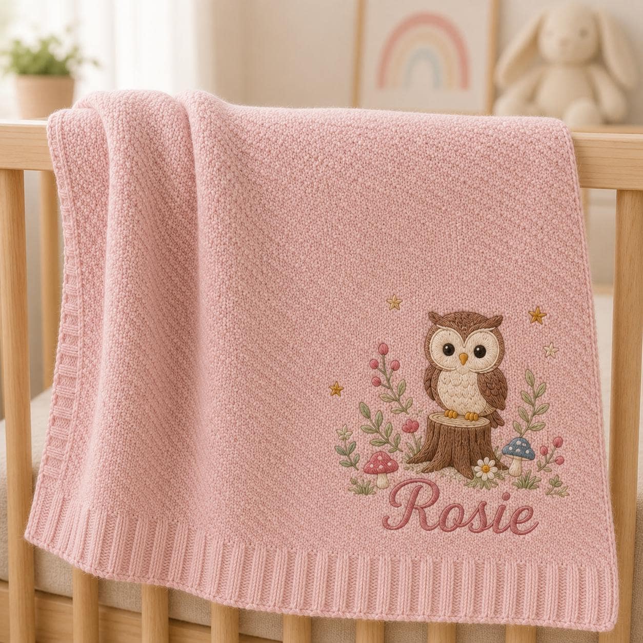 Personalized Knitted Baby Blanket, Embroidered Owl Name, Woodland Nursery Swaddle
