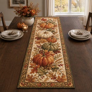 Peut inclure: Un chemin de table matelassé rectangulaire avec un motif imprimé de citrouilles orange, vertes et crème entourées de feuilles d'automne et de glands. Le chemin présente une bordure décorative à motif floral dans des tons marron, or et vert.
