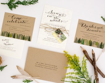 Woodsy Wedding Invitations - Rustic Intimate Outdoorsy Wedding – Nature Birch Wood Romance Wedding Invitation (Callan Suite)