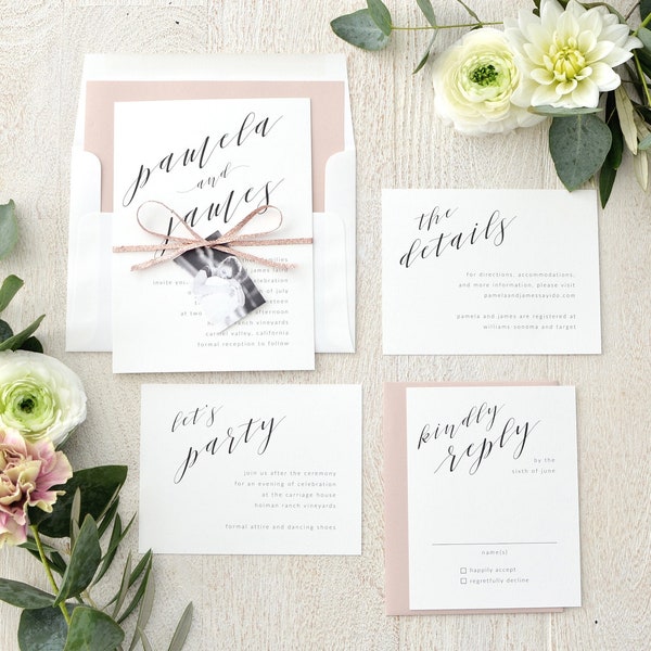 Blush Wedding Invites - Modern yet timeless, stylish, chic and sophisticated calligraphy, Invitations (Pamela Suite)