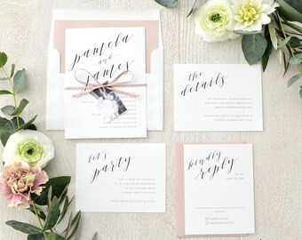 Blush Wedding Invites - Modern yet timeless, stylish, chic and sophisticated calligraphy, Invitations (Pamela Suite)