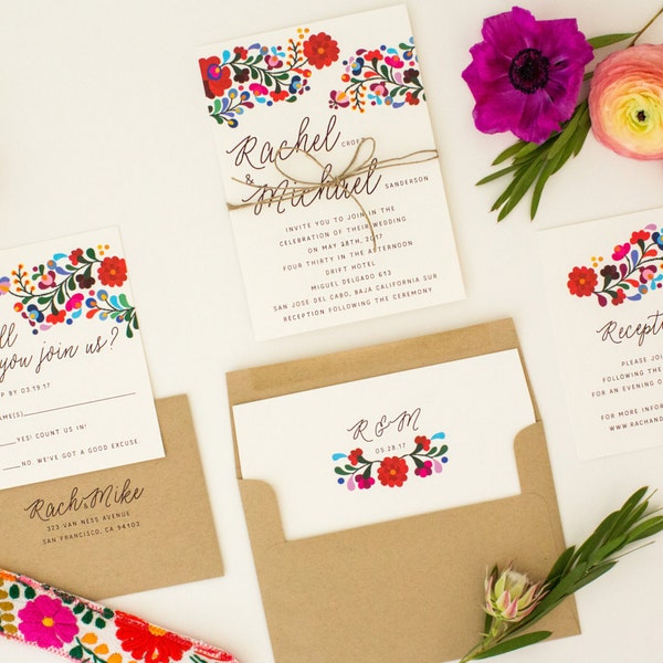 Floral Destination Wedding Invitations - Colorful Mexican Embroidery Inspired – Summer Wedding Invitation (Rachel Suite)