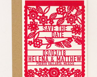 Florale Hochzeit Save the Date – Bunte mexikanische Fiesta Papel Picado Save the Date (Helena Suite)