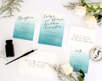 Ombre Wedding Invitations - Teal Blue Ombre – Romantic Timeless Calligraphy Wedding Invitation (Evelyn Suite)