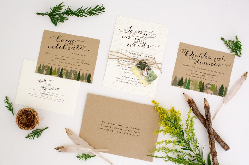 Woodsy Wedding Invitations Rustic Intimate Outdoorsy Wedding Nature Birch Wood Romance Wedding Invitation Callan Suite image 1