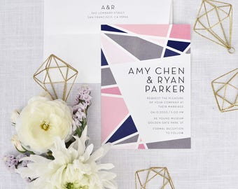 Bright Colorful Wedding Invitations - Bright Modern Geometric – Multi-Colored Millennial Pink Wedding Invitation (Amy Suite)