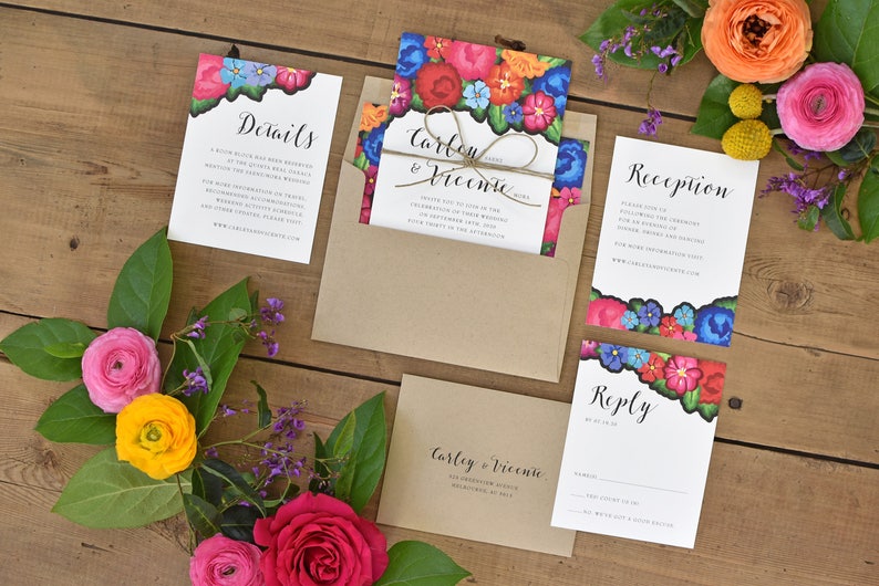 Floral Wedding Invitations Colorful Oaxaca Embroidery Inspired Modern Hacienda Destination Wedding Invite Carley Suite image 1