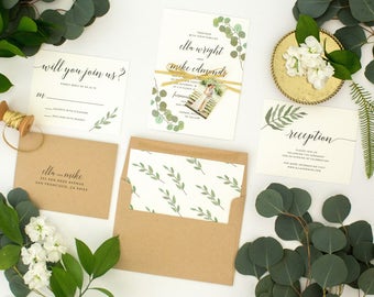 Greenery Wedding Invitation, Chic Calligraphy Wedding Invitations, Modern Invite (Ella Suite)