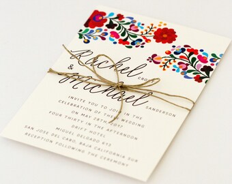 Invitaciones de boda de destino floral - Coloridos bordados mexicanos inspirados – Invitación de boda de verano (Rachel Suite)