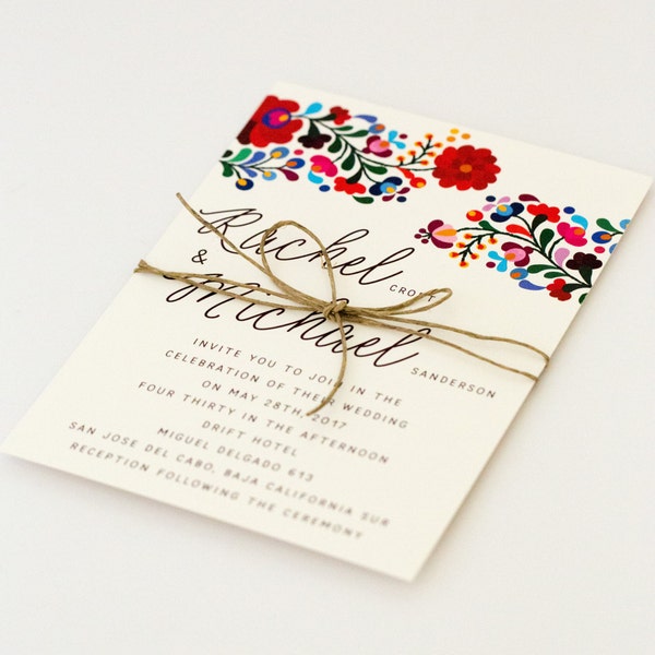 Floral Destination Wedding Invitations - Colorful Mexican Embroidery Inspired – Summer Wedding Invitation (Rachel Suite)