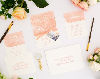 Watercolor Wedding Invitations - Coral Ombre Modern Design with Unique Watercolor Pattern Wedding Invitation (Sarah Suite)