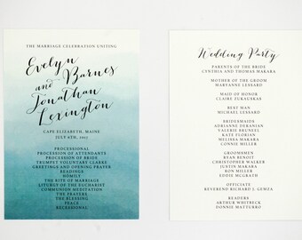 Wedding Programs, Itineraries - Teal Blue Ombre - Romantic Timeless Calligraphy Wedding Program / Itinerary (Evelyn Suite)