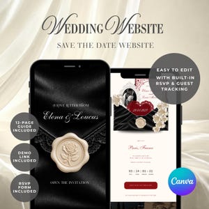 Puede incluir: Dos teléfonos inteligentes muestran una plantilla de sitio web de bodas con fondo de satén negro, un sello de cera de rosa y el texto A LOVE LETTER FROM ELENA & LOUCUS, SAVE THE DATE WEBSITE, y EASY TO EDIT WITH BUILT-IN RSVP & GUEST TRACKING.