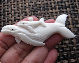 Whale and Calf pendant, Handmade Water Buffalo  Bone Carving, Jewelry making Supplies