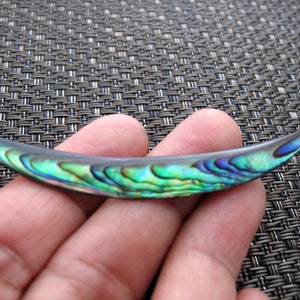 Pode incluir: Uma peça de concha de abalone em forma de crescente com cores iridescentes verdes, azuis e roxas.