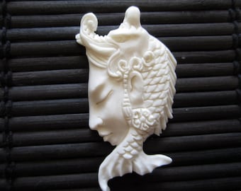 Mythical Sculpture Fish And Elephant Carved Bone Pendant Cabochon , Focal Component, Jewelry making supplies B4050-A