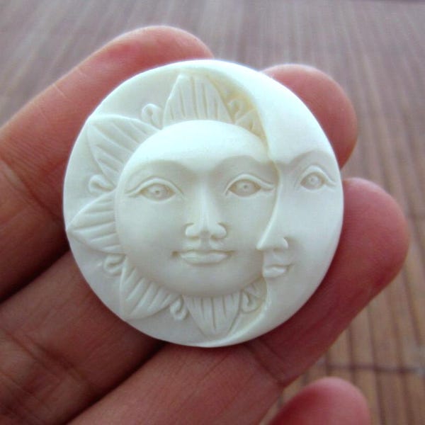 30 mm Hand Carved Sun Face  and Crescent Moon Cabochon with OPEN Eyes, Buffalo Bone, Embellishment  B4370