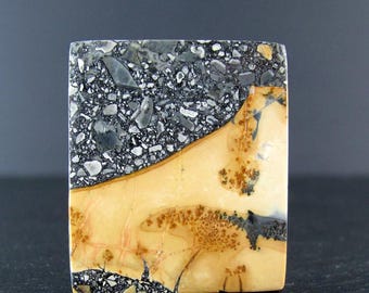 May include: A rectangular stone with a unique pattern. The top left corner is a mix of gray and black speckled textures. The bottom right features a tan and brown marbled design, with dark veins and spots. The stone is polished and has a smooth surface.
