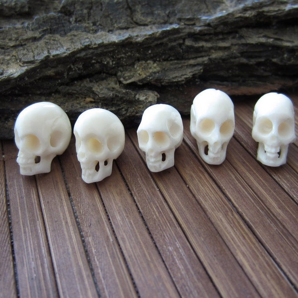 Detailed 5-piece Hand Carved Buffalo Bone Skull Beads,  Carved Ox Bone , Top to Bottom DRILLED  B3515