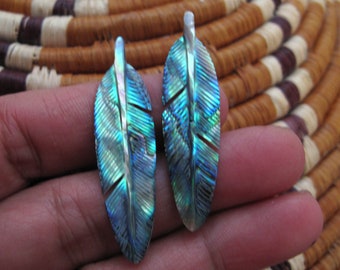 Pair of Abalone  Feathers, Paua, NOT-Drilled, Earring Set, 40mm x 12mm, Jewelry making Supplies B8536