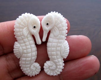 Hand carved  Mini seahorses ,Earrings pair,   carved  Sea horse  , sea creature, Jewelry Supplies
